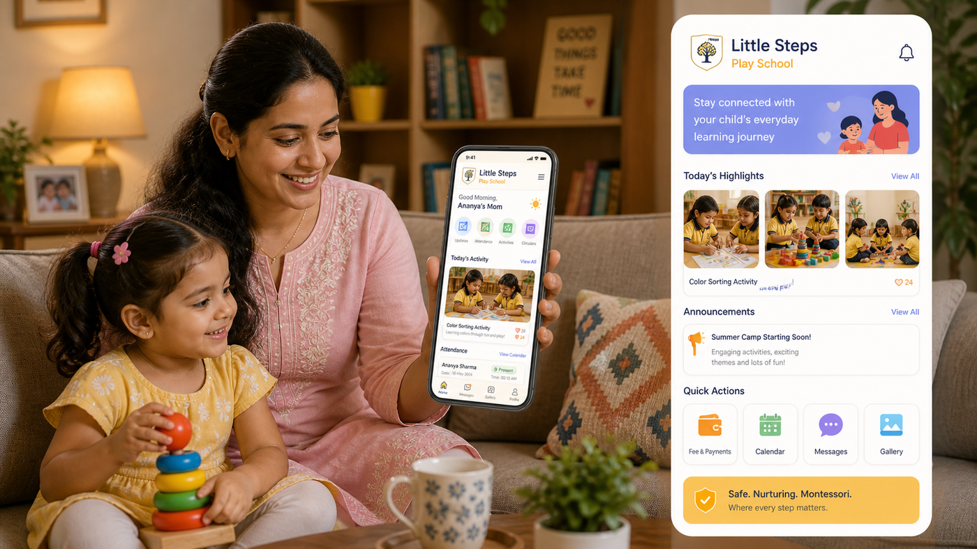 Mother and daughter at home holding phone showing Little Steps Pre-School parent app — daily highlights feed of child's classroom day, with a Quick Actions row and announcement