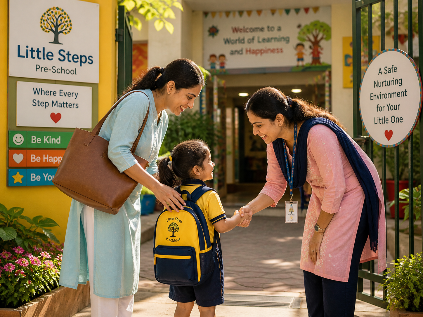 Welcoming moment at Little Steps Pre-School gate — mother dropping daughter off, teacher greeting with handshake. Where Every Step Matters signboard + Be Kind / Be Happy / Be You wall mural visible