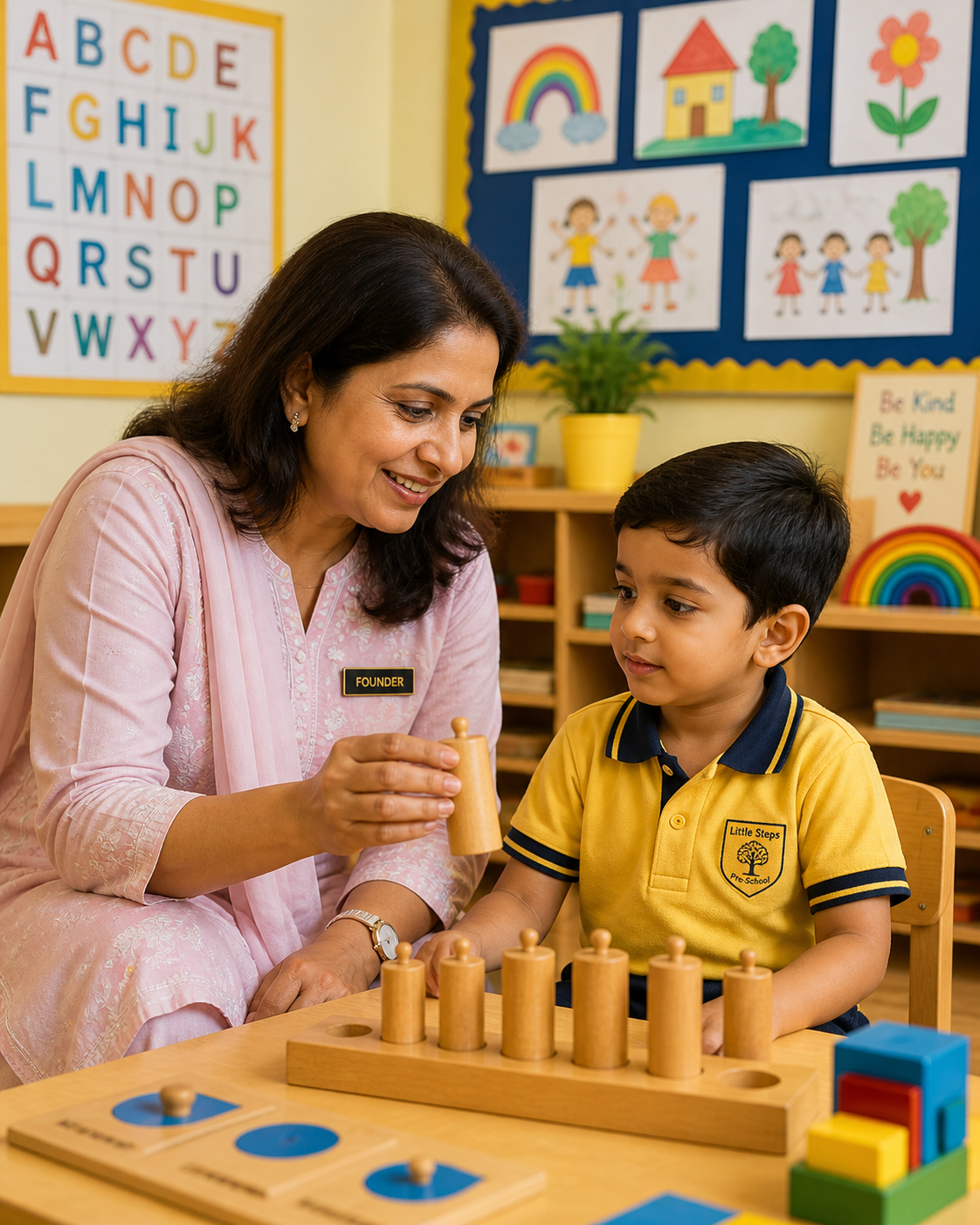 Anjali Khanna — founder-director of Little Steps Pre-School. Sitting with a child working on a Montessori cylinder block, alphabet wall + classroom rules behind