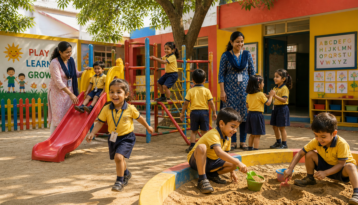 Little Steps Pre-School playground — children playing on slide, monkey-bars, sandpit. Two teachers supervising. PLAY LEARN GROW signage and ABCD chart visible