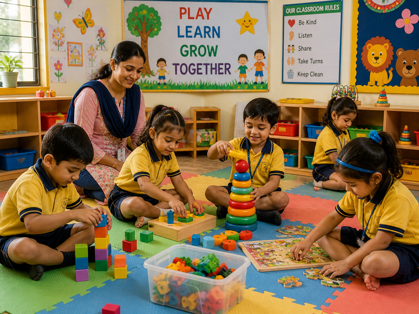 Circle-time at Little Steps Pre-School — teacher and 5 children playing on floor mat with stacking rings + colour blocks + puzzles. Play Learn Grow Together banner behind