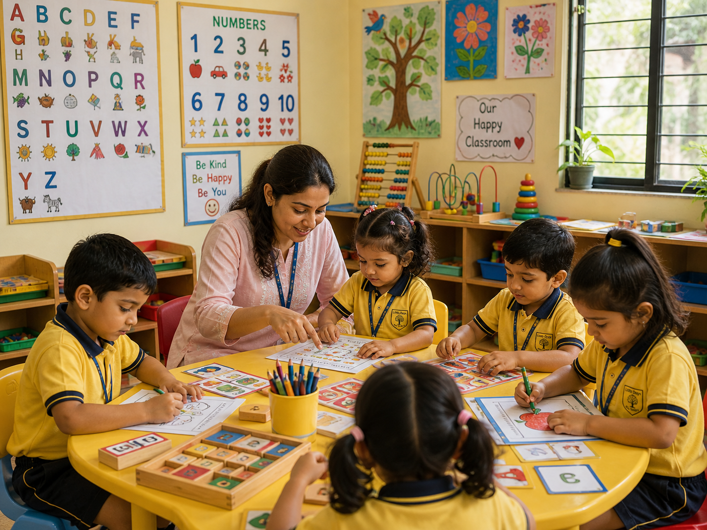 Pre-KG classroom at Little Steps Pre-School — teacher with 4 children at yellow craft table doing colouring + numbers chart. Be Kind / Be Happy / Be You wall poster behind