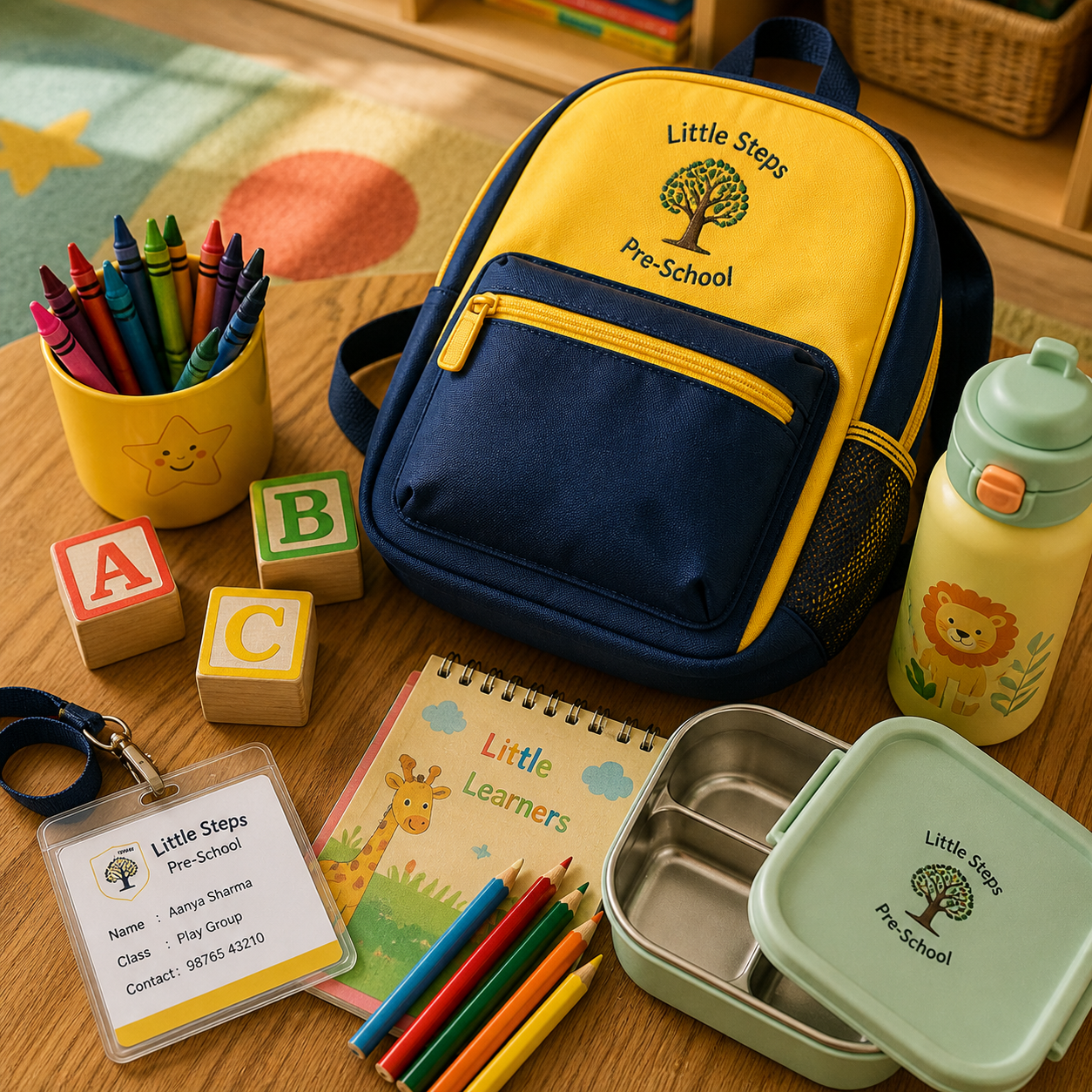 Little Steps Pre-School welcome kit still life — branded yellow + navy backpack, lanyard ID card, crayons, water bottle, lunch box, ABC blocks, Little Learners notebook